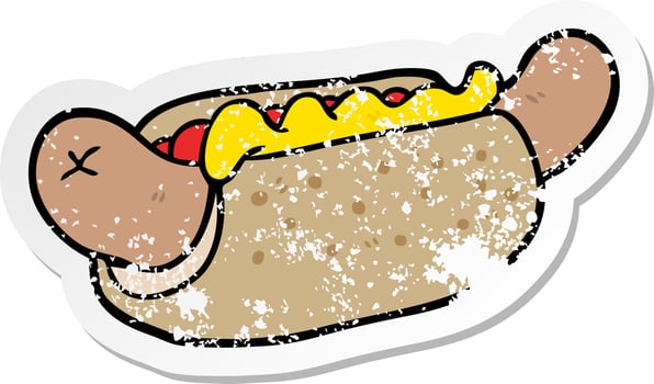 distressed sticker of a cartoon hot dog vector