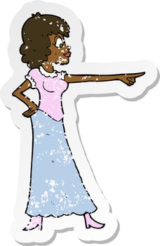 retro distressed sticker of a cartoon woman pointing finger vector