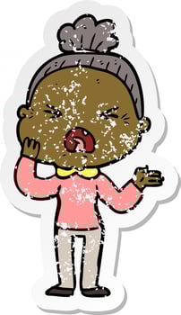 distressed sticker of a cartoon angry old woman vector