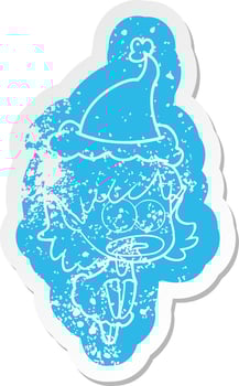 cartoon distressed sticker of a shocked elf girl wearing santa hat vector