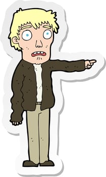 sticker of a cartoon terrified man pointing vector