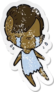 distressed sticker of a cartoon crying girl vector
