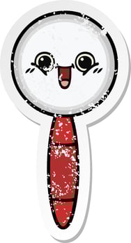 distressed sticker of a cute cartoon magnifying glass vector
