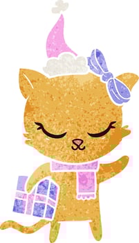 cute retro cartoon of a cat with present wearing santa hat vector