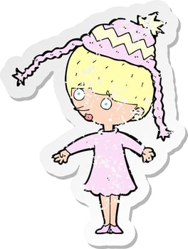 retro distressed sticker of a cartoon woman wearing winter hat vector