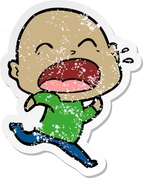 distressed sticker of a cartoon shouting bald man vector