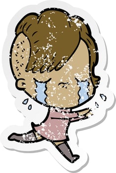 distressed sticker of a cartoon crying girl running away vector