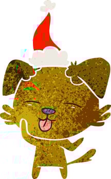 retro cartoon of a dog sticking out tongue wearing santa hat vector