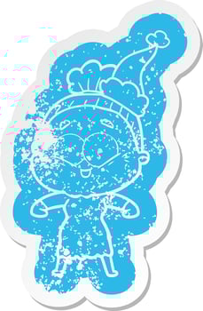 cartoon distressed sticker of a happy old woman wearing santa hat vector