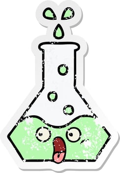 distressed sticker of a cute cartoon science beaker vector