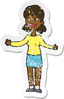 retro distressed sticker of a cartoon happy woman shrugging shoulders vector