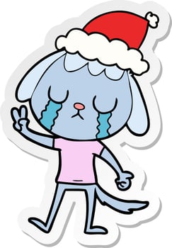 cute sticker cartoon of a dog crying wearing santa hat vector