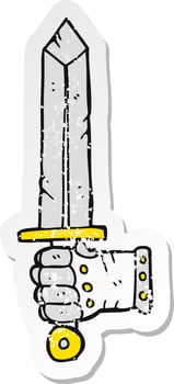 retro distressed sticker of a cartoon hand holding sword vector
