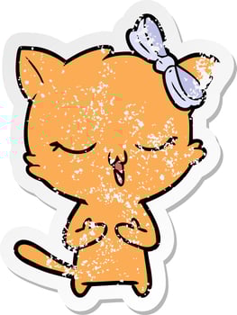 distressed sticker of a cartoon cat with bow on head vector