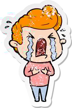 distressed sticker of a cartoon crying man vector