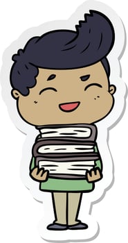 sticker of a cartoon man laughing holding books vector