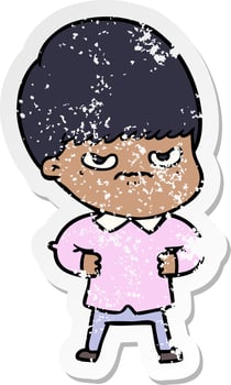 distressed sticker of a annoyed cartoon boy vector