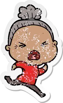 distressed sticker of a cartoon angry old woman vector