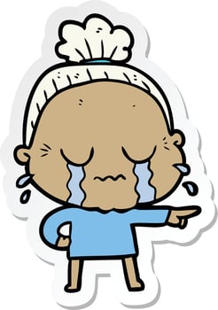 sticker of a cartoon crying old lady vector