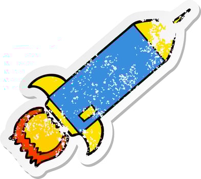 distressed sticker of a cartoon rocket vector