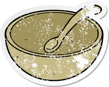 distressed sticker of a cartoon wooden bowl and spoon vector