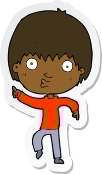 sticker of a cartoon impressed boy pointing vector