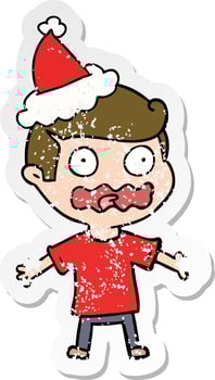 distressed sticker cartoon of a man totally stressed out wearing santa hat vector