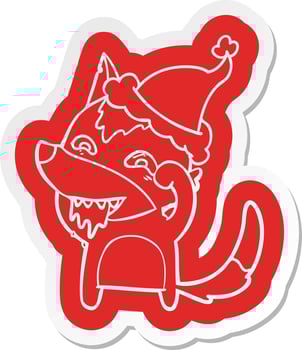 cartoon  sticker of a hungry wolf wearing santa hat vector