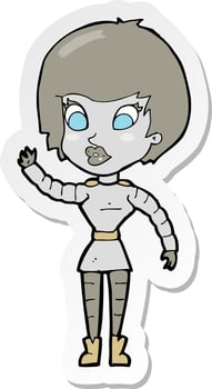 sticker of a cartoon robot woman waving vector