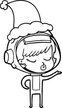 line drawing of a pretty astronaut girl wearing santa hat vector
