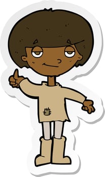 sticker of a cartoon boy in poor clothing giving thumbs up symbol vector