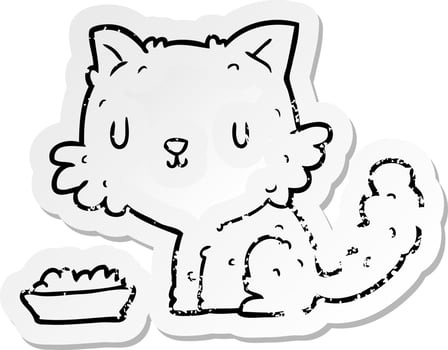distressed sticker of a cartoon cat and food vector