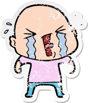 distressed sticker of a cartoon crying bald man vector