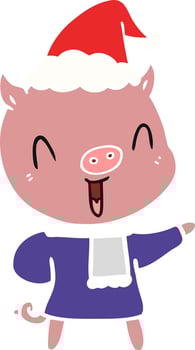 happy flat color illustration of a pig in winter clothes wearing santa hat vector