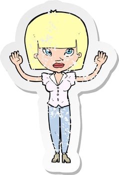 retro distressed sticker of a cartoon woman with raised hands vector