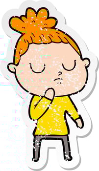 distressed sticker of a cartoon calm woman vector