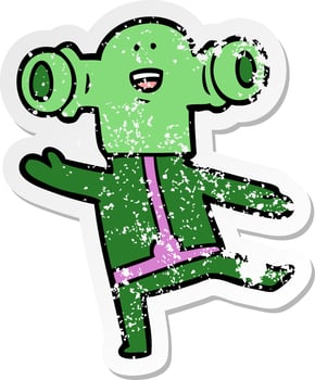 distressed sticker of a friendly cartoon alien vector