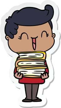 sticker of a cartoon laughing boy carrying books vector