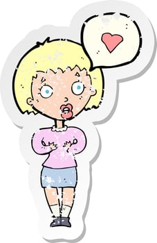 retro distressed sticker of a cartoon surprised woman in love vector