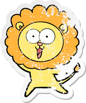 distressed sticker of a happy cartoon lion vector