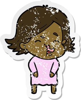 distressed sticker of a cartoon girl pulling face vector