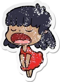 distressed sticker of a cartoon woman talking loudly vector