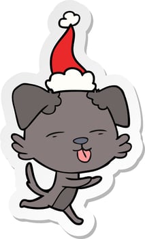 sticker cartoon of a dog sticking out tongue wearing santa hat vector