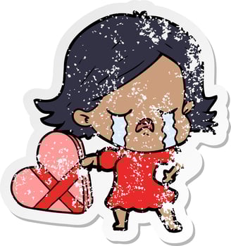 distressed sticker of a cartoon girl crying over valentines vector
