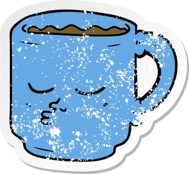 distressed sticker of a cartoon coffee mug vector