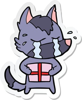sticker of a cartoon crying wolf with christmas present vector