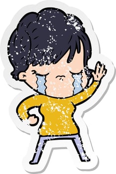 distressed sticker of a cartoon woman crying vector