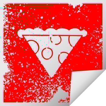quirky distressed square peeling sticker symbol slice of pizza vector