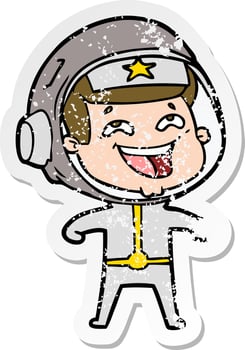 distressed sticker of a cartoon laughing astronaut vector