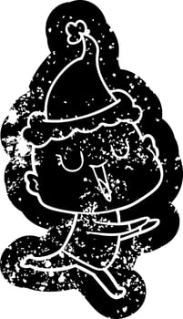 happy cartoon distressed icon of a bald man wearing santa hat vector